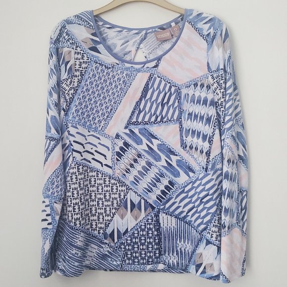 CHICO'S Women's Blue Abstract Print Sweater Light w/ Tank Top Underlay - Picture 2 of 11
